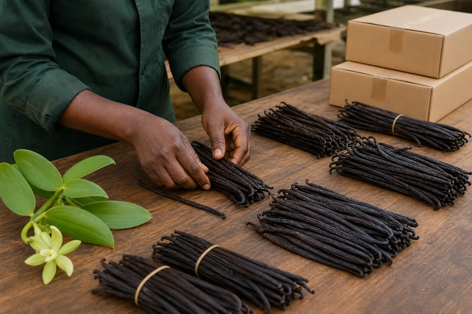 Ugandan vanilla beans being sorted and quality checked for export