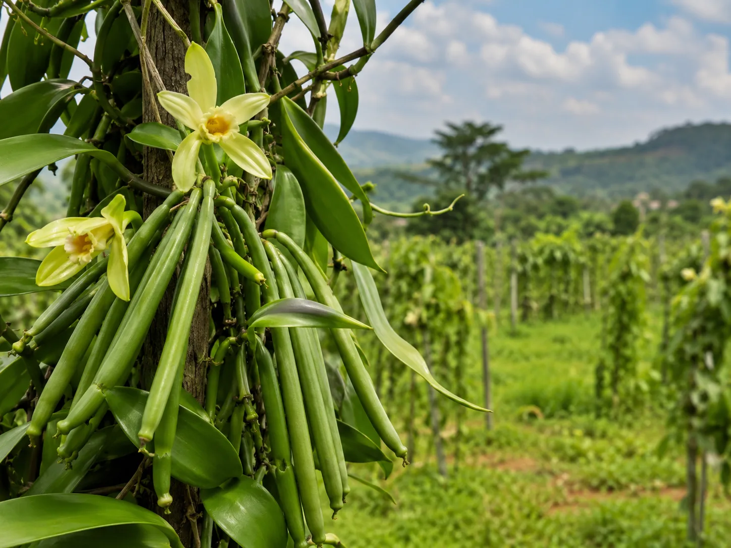 Ugandan Vanilla planifolia farm with fresh green vanilla pods and flowers