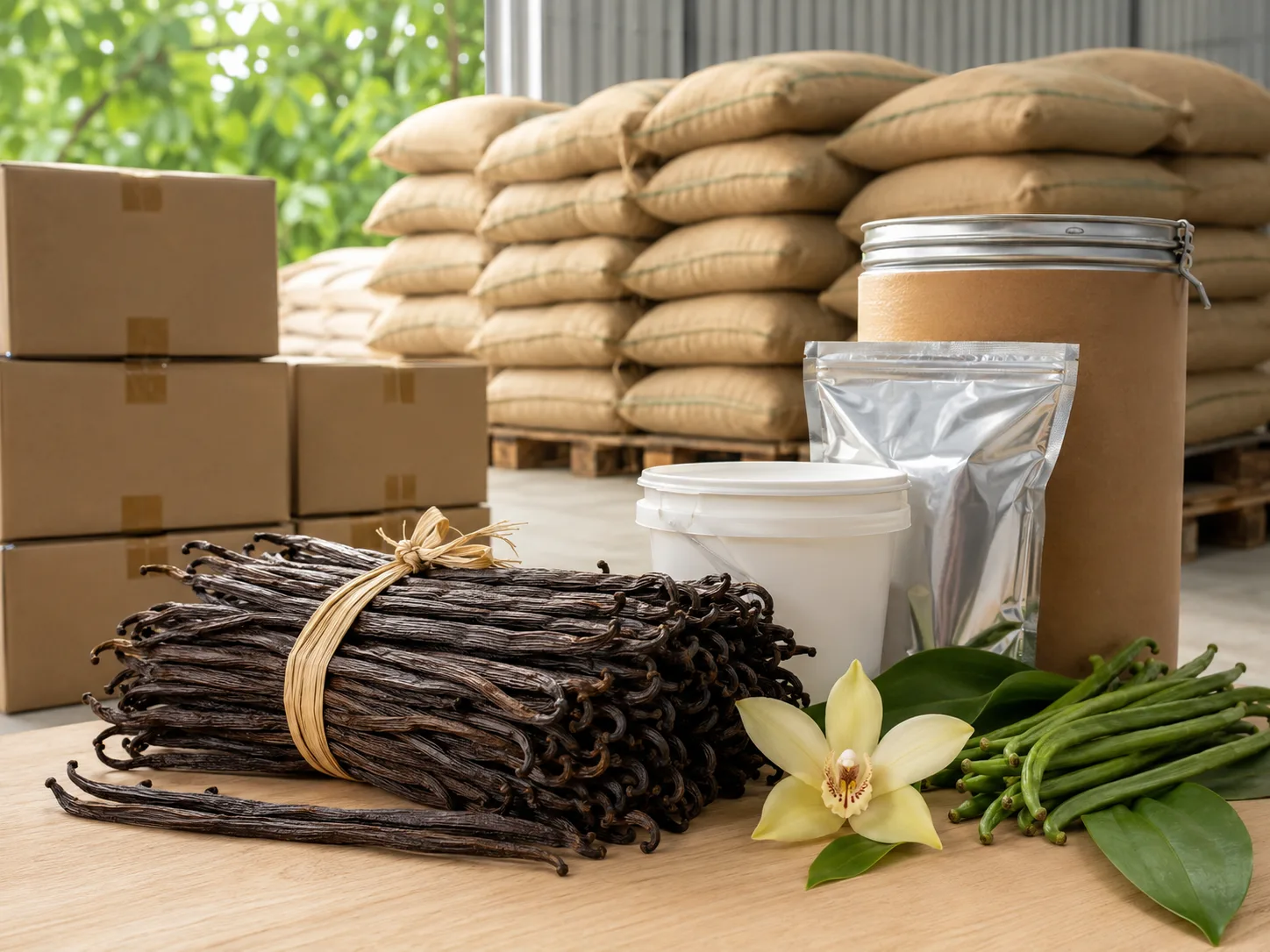 Bulk vanilla beans and vanilla products prepared for professional export packaging