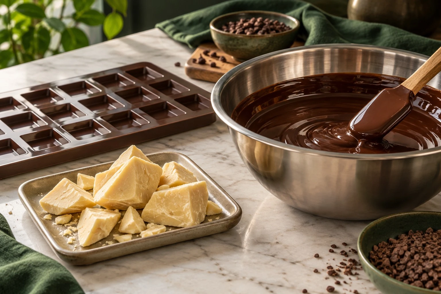 Illustrative chocolate preparation with cocoa butter and chocolate moulds