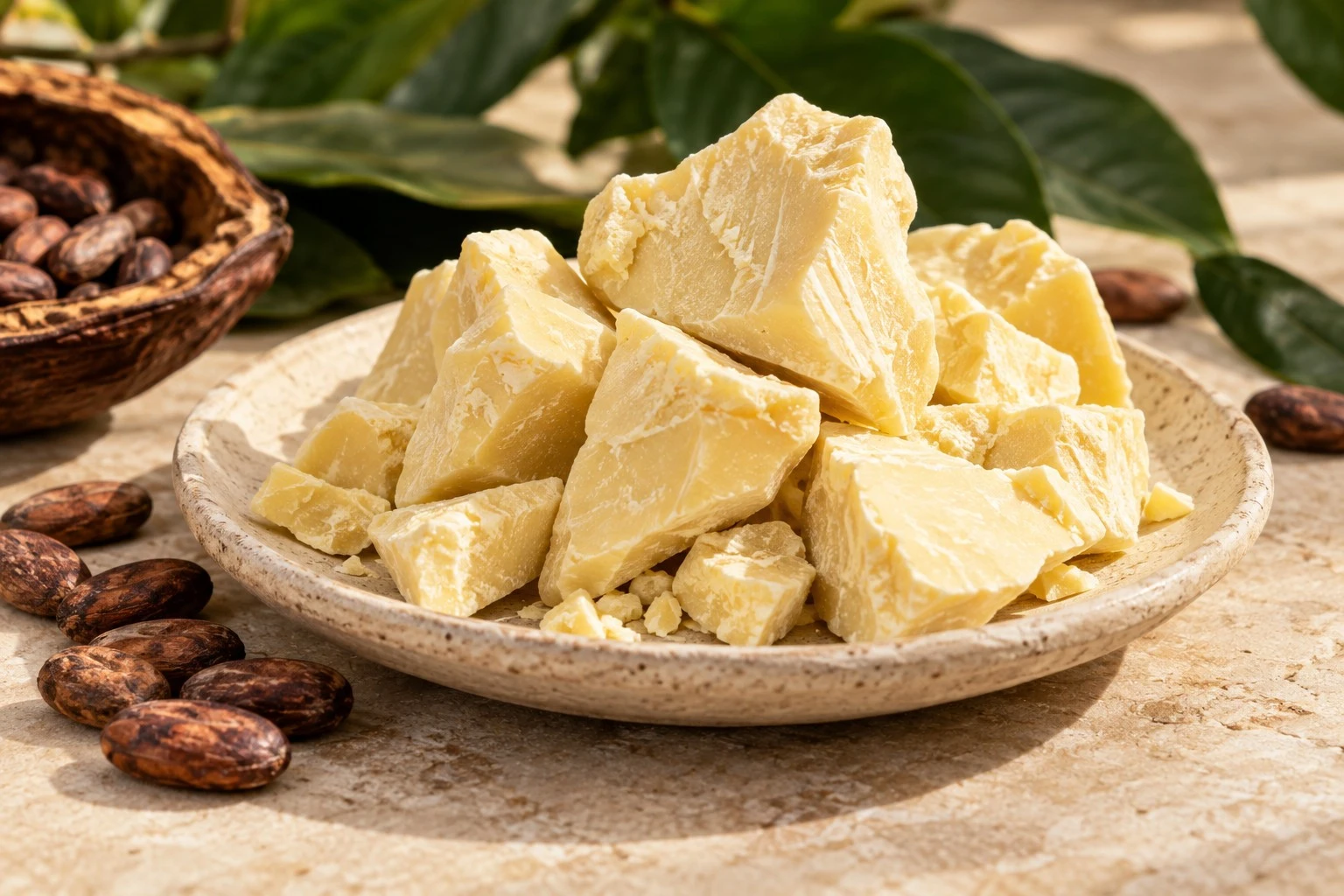 Illustrative natural cocoa butter chunks on a ceramic plate