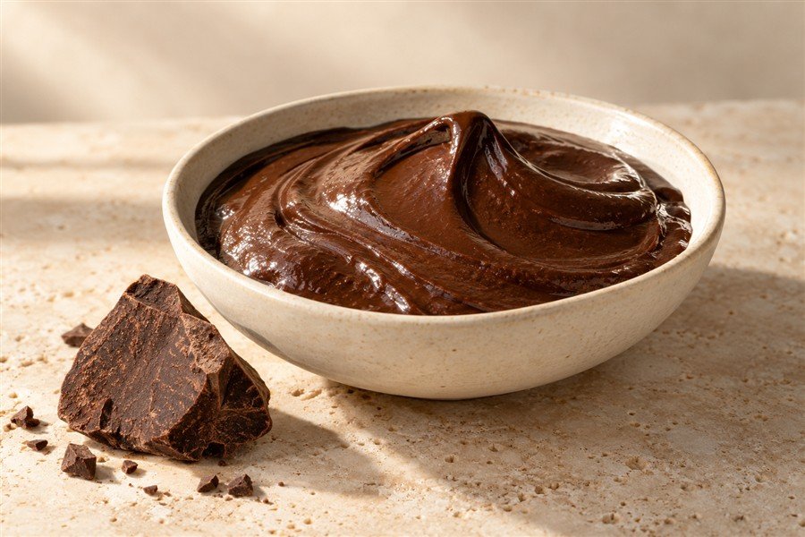 Cocoa mass in a ceramic bowl
