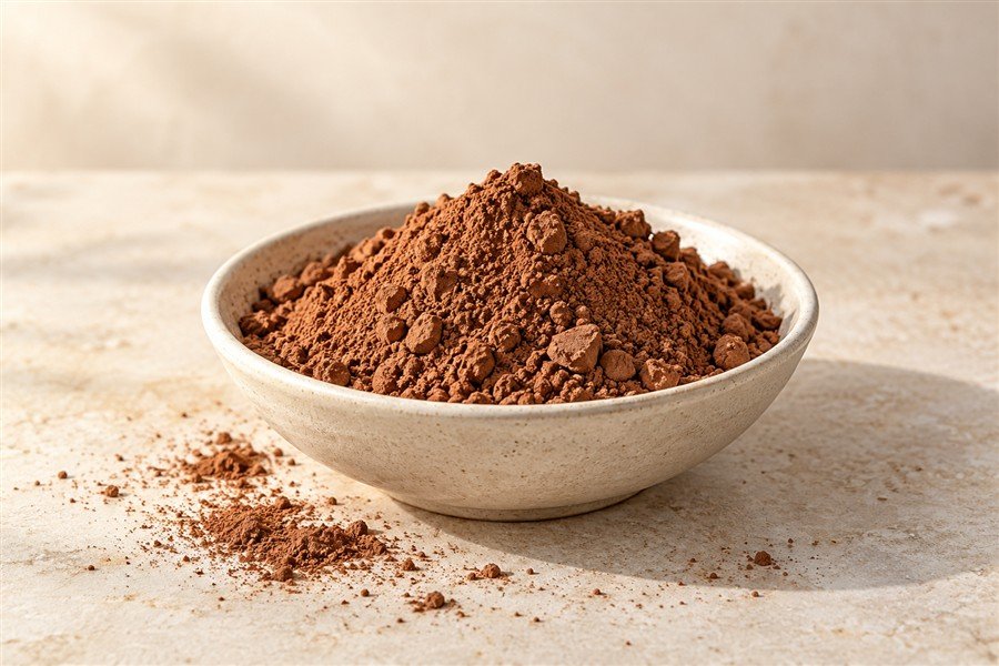 Natural cocoa powder in a ceramic bowl