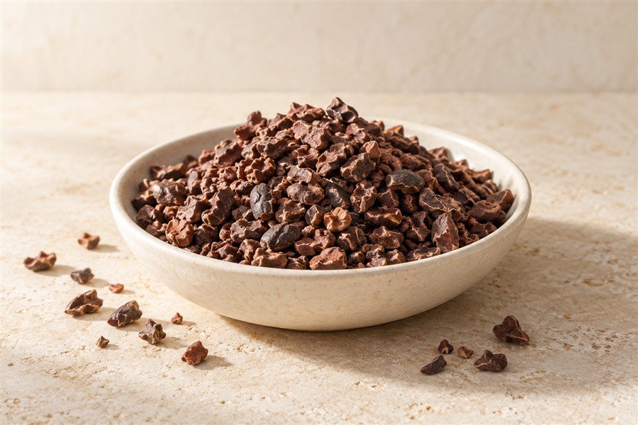 Cocoa nibs in a ceramic bowl