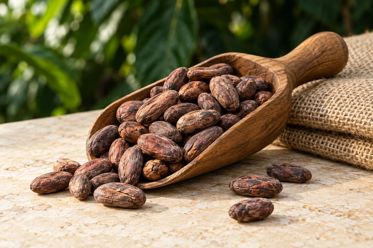 Illustrative cocoa beans in a wooden sampling scoop beside a jute sack