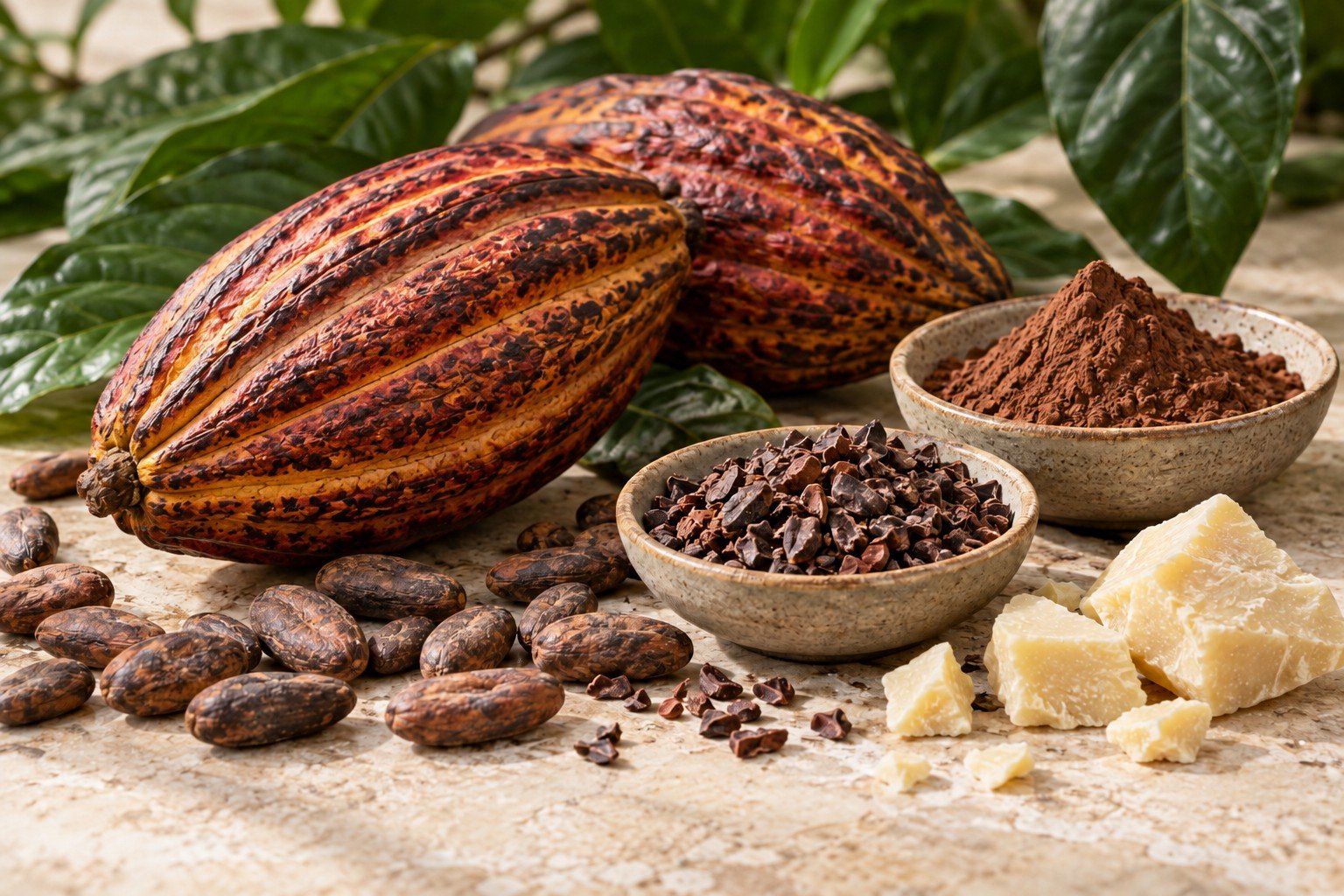 Illustration of cocoa pods, dried beans, cocoa nibs, powder and cocoa butter